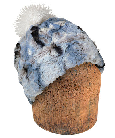 Men's Beanie Hat with Ivory Pom | Rainier Sky Faux Fur | Handmade in the USA by Pandemonium Seattle