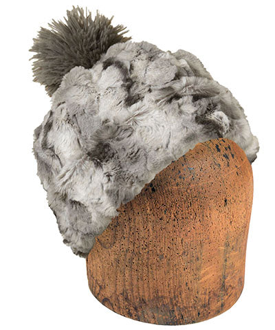 Men&#39;s Beanie Hat with Pom | White Water Faux Fur | Handmade in the USA by Pandemonium Seattle