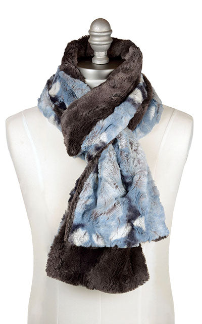 Men&#39;s Two-Tone Classic Scarf in Rainier Sky Faux Fur with Espresso Bean Handmade in the USA by Pandemonium Seattle