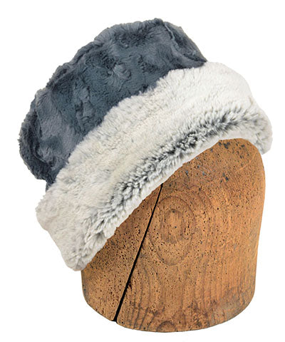 Men&#39;s Cuffed Pillbox | Frosted Juniper Faux Fur reversed to Slate | Handmade USA by Pandemonium Seattle