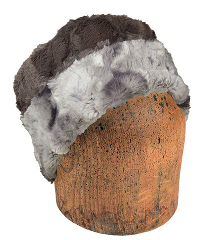 Men's Cuffed Pillbox | White Water Faux Fur Reversed to Gray | Handmade in the USA by Pandemonium Seattle