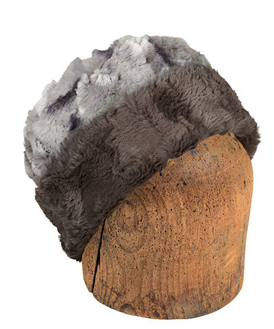 Men's Cuffed Pillbox | White Water Faux Fur with Gray | Handmade in the USA by Pandemonium Seattle