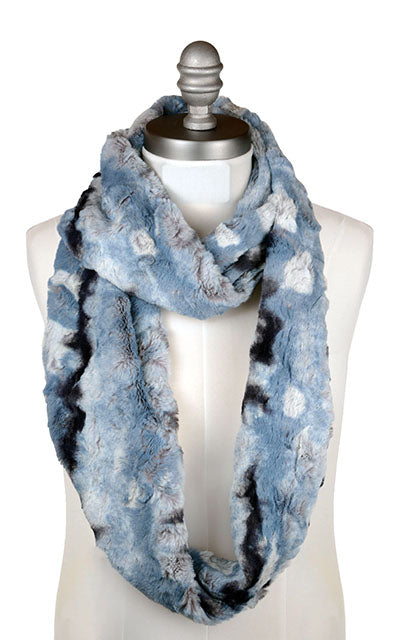 Men's Infinity Scarf in Cascade Rainier Sky Faux Fur. Made by Pandemonium Seattle.