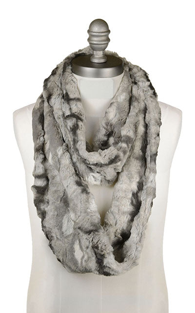 Men's Infinity Scarf in Cascade Rainier Sky Faux Fur. Made by Pandemonium Seattle.