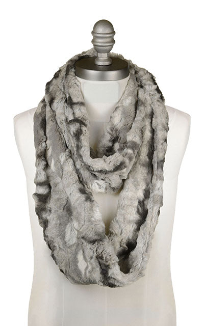 Men&#39;s Infinity Scarf in Cascade White Water Faux Fur. Made by Pandemonium Seattle.