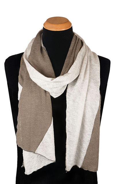 Mens Upcycled Motley Scarf in the large pattern. Two colors, Sandstone and Mezcal in an alternating pattern. Handmade in Seattle, WA.