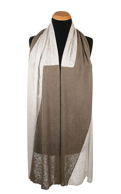 View of full pattern of Mens Upcycled Motley Scarf in the large pattern. Two colors, Sandstone and Mezcal in an alternating pattern. Handmade in Seattle, WA.