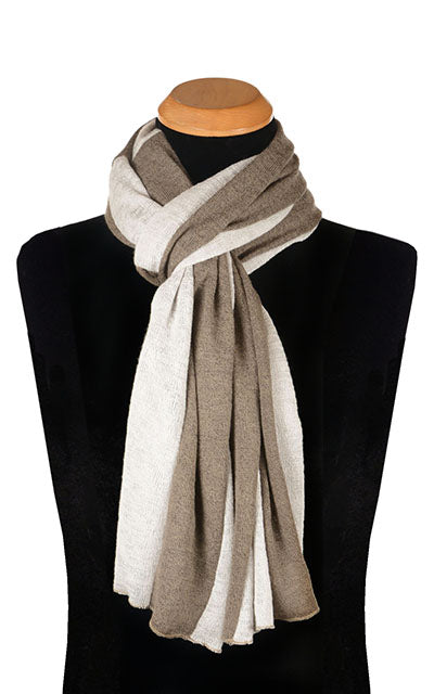 View of the Mens Upcycled Motley Scarf in the small pattern. Two colors, Mezcal and Sandstone in an alternating pattern. Handmade in Seattle, WA by Pandemonium Seattle.