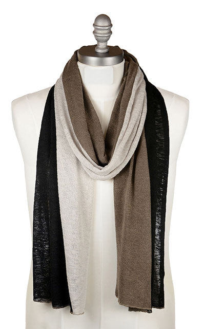 View of open wrapped neck for Mens Upcycled Motley Scarf in three colors. Handmade in Seattle, WA.