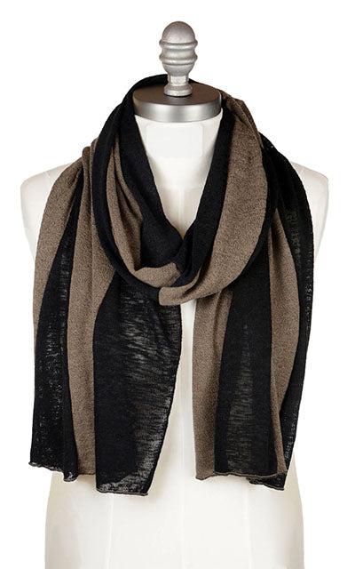 View of the Mens Upcycled Motley Scarf in the small pattern. Two colors, Mezcal and Scorpion in an alternating pattern. Handmade in Seattle, WA by Pandemonium Seattle.