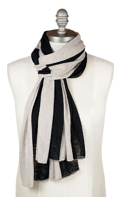 View of the Mens Upcycled Motley Scarf in the small pattern. Two colors, Mezcal and Scorpion in an alternating pattern. Handmade in Seattle, WA by Pandemonium Seattle.