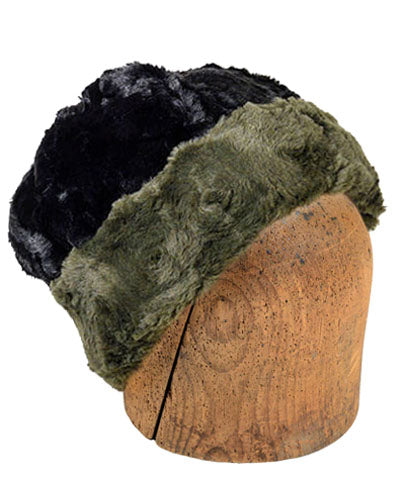 Men's Beanie Hat, Reversible | Cuddly Faux Fur in Army Green | handmade Seattle, WA USA by Pandemonium Millinery
