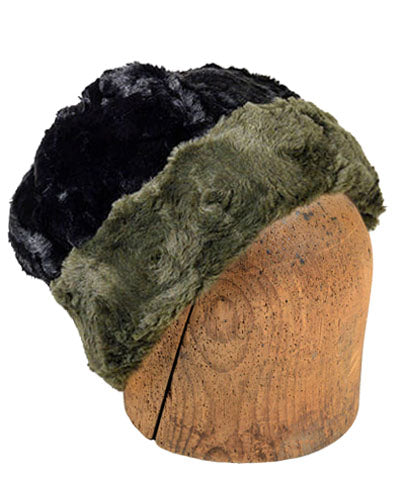 Men&#39;s Beanie Hat, Reversible | Cuddly Faux Fur in Army Green | handmade Seattle, WA USA by Pandemonium Millinery