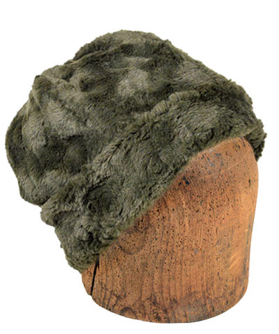 Men&#39;s Beanie Hat | Cuddly Faux Fur in Army Green | handmade Seattle, WA USA by Pandemonium Millinery