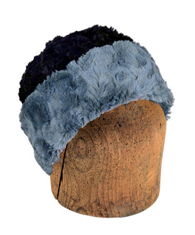Men&#39;s Beanie Hat, Reversed | Cuddly Faux Fur in Slate lined Black | Handmade in Seattle WA by Pandemonium Millinery USA