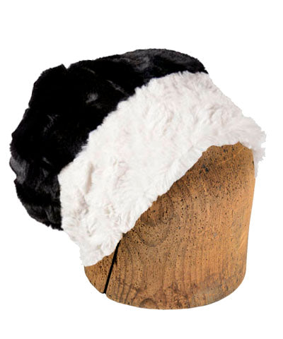 Men's Beanie Hat, Reversed | Cuddly Faux Fur in Ivory lined Black | Handmade in Seattle WA by Pandemonium Millinery USA