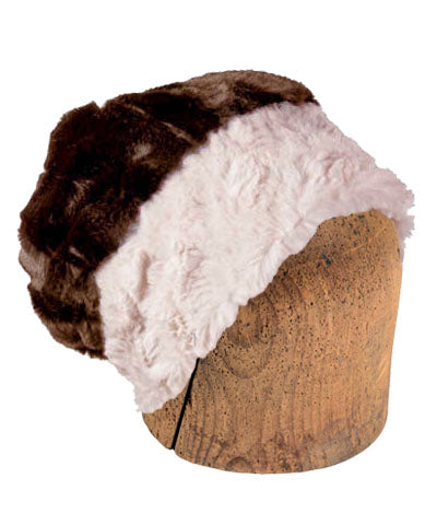Men's Beanie Hat, Reversed | Cuddly Faux Fur in Sand lined Chocolate | Handmade in Seattle WA by Pandemonium Millinery USA