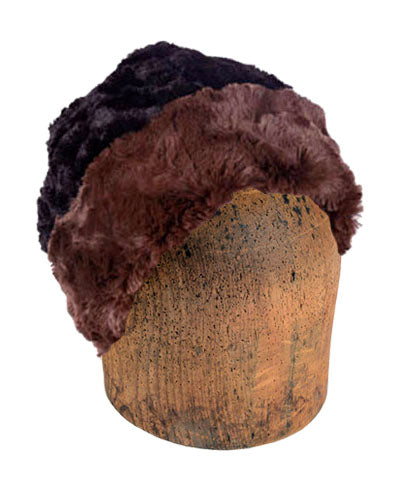 Men's Beanie Hat, Reversed | Cuddly Faux Fur in Chocolate lined Black | Handmade in Seattle WA by Pandemonium Millinery USA
