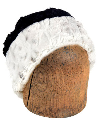 Men&#39;s Beanie Hat, Reversible - Luxury Faux Fur in Winters Frost Lined in Cuddly Faux Fur in Black shown reversed by Pandemonium Millinery