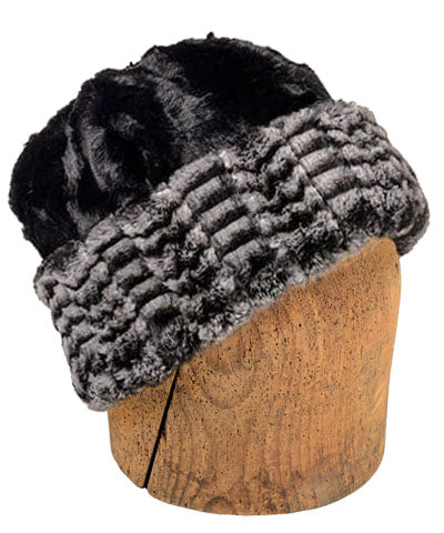 Men's Beanie Hat Reversible Luxury Faux Fur in 8mm in Black and White Lined in Cuddly Black - Shown in Reverse by Pandemonium Millinery