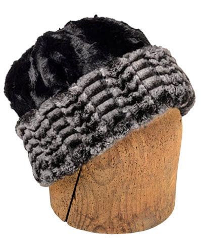 Men&#39;s Beanie Hat Reversible Luxury Faux Fur in 8mm in Black and White Lined in Cuddly Black - Shown in Reverse by Pandemonium Millinery