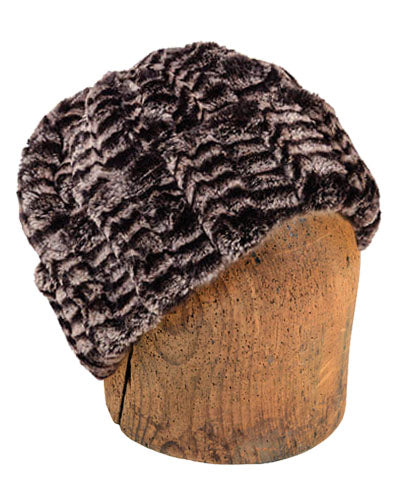 Men's Beanie Hat Reversible Luxury Faux Fur in 8mm in Sepia Lined in Cuddly Sand - by Pandemonium Millinery