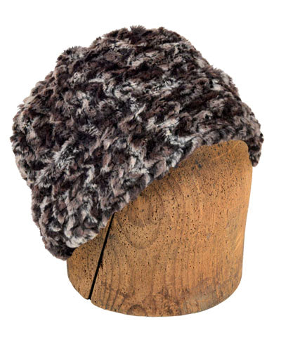 Men's Beanie Hat Shown in a Slouchy Style | Calico Brown, Ivory Faux Fur | Handmade in the USA by Pandemonium Seattle