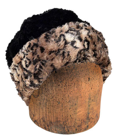 Men&#39;s Beanie Hat in Carpathian Lynx Luxury Faux Fur Reverse Black | Handmade in Seattle WA | Pandemonium Millinery