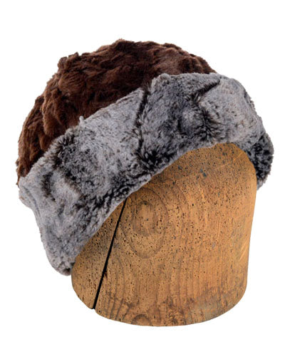 Men&#39;s Beanie Hat in Giant&#39;s Causeway Luxury Faux Fur Reverse Chocolate | Handmade in Seattle WA | Pandemonium Millinery