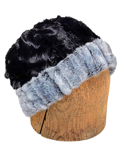 Men's Beanie Hat, Reversible - Luxury Faux Fur in Glacier Bay Lined in Cuddly Faux Fur in Black - Shown in reverse by Pandemonium Millinery