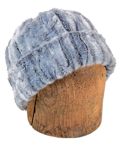 Men's Beanie Hat, Reversible - Luxury Faux Fur in Glacier Bay Lined in Cuddly Faux Fur in Black - Shown in reverse by Pandemonium Millinery