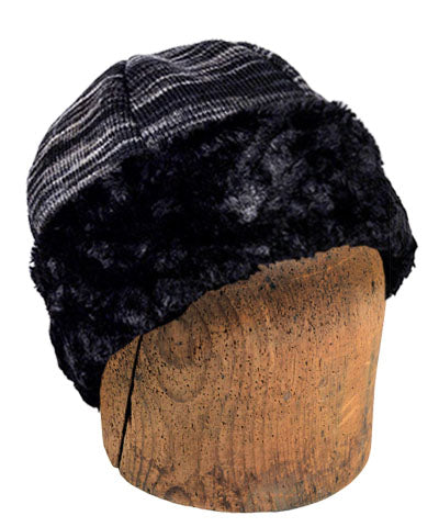 Men&#39;s Beanie Hat in Sweet Stripes Blackberry Cobbler with Black Faux Fur Cuff | Handmade in Seattle WA | Pandemonium Millinery