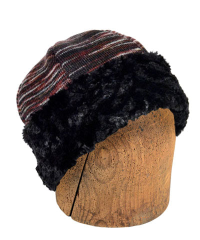 Men's Beanie Hat Reversible | Sweet Stripes in Cherry Cordial Knit with Cuddly Black Faux Fur | By Pandemonium Millinery | Seattle WA USA