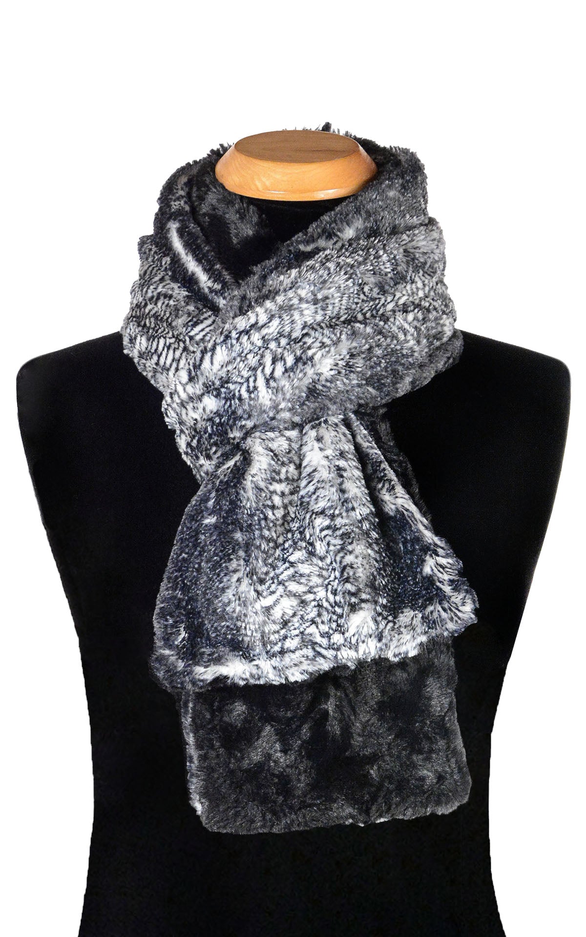 Men’s Product shot on mannequin of two-tone Classic Scarf Black Mamba animal snake print  with Cuddly Black Faux Fur | Handmade by Pandemonium Millinery Seattle, WA USA