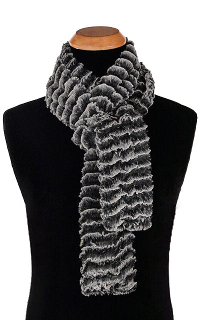 Product shot of  Classic Men's Skinny  Scarf on Mannequin | Desert Sand in Black Charcoal Faux Fur | Handmade in Seattle WA Pandemonium Millinery