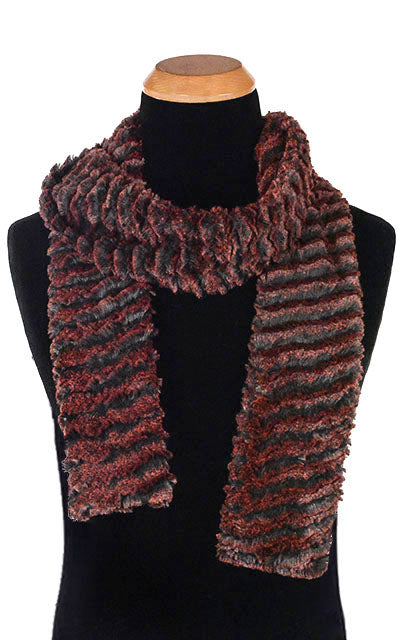 Product shot of  Classic Men's Skinny  Scarf on Mannequin | Desert Sand in Crimson Faux Fur | Handmade in Seattle WA Pandemonium Millinery