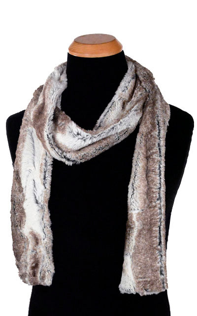 Women’s Product shot of Classic Skinny Scarf on mannequin | Birch Faux Fur, Brown and Ivory | Handmade in Seattle WA Pandemonium Millinery
