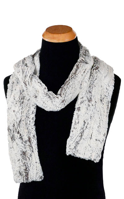 Product Shot of Men's Classic Skinny Scarf Khaki Grayish Faux Fur | Handmade by Pandemonium Millinery Seattle, WA USA