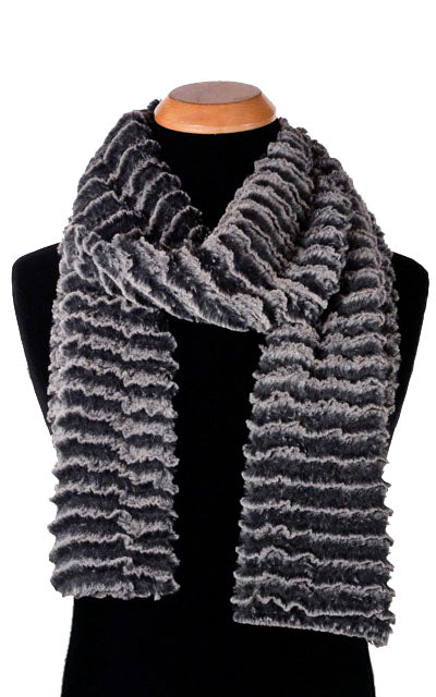 Product shot of  Classic Men's Scarf on Mannequin | Desert Sand in Black Charcoal Faux Fur | Handmade in Seattle WA Pandemonium Millinery