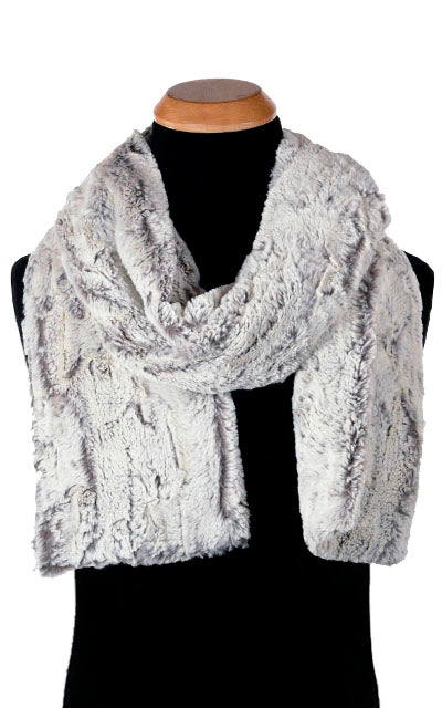 Product Shot of Men's Classic Skinny Scarf Khaki Grayish Faux Fur | Handmade by Pandemonium Millinery Seattle, WA USA