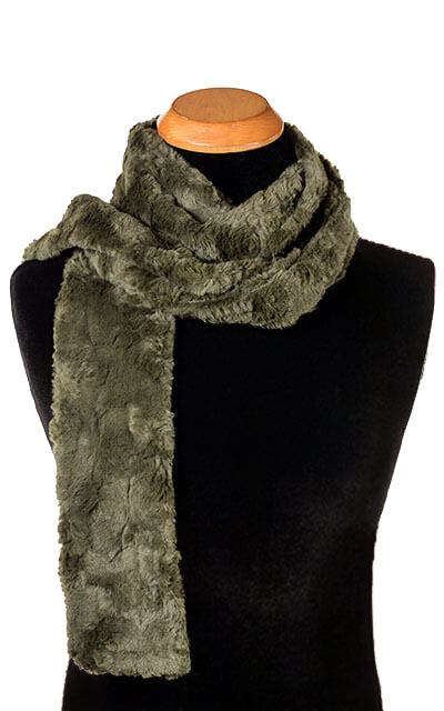 Men's Skinny Scarf in Cuddly Faux Fur in Army Green | Handmade in Seattle WA | Pandemonium Millinery