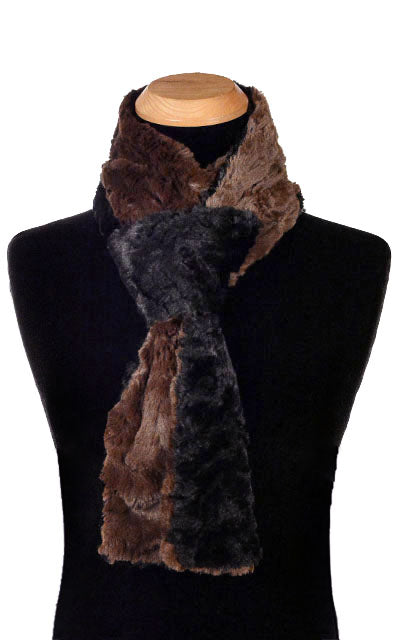 Product shot of Classic Men’s Skinny  Scarf on Mannequin | Cuddly Faux Fur in Chocolate with Black | Handmade in Seattle WA Pandemonium Millinery