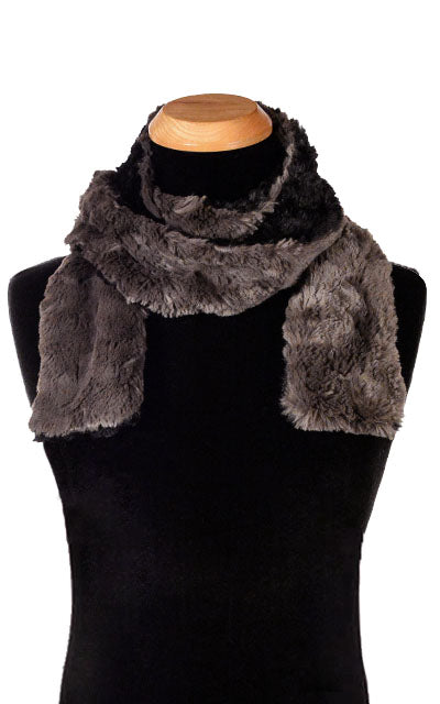 Product shot of  Men’s  Classic Skinny Scarf on Mannequin | Cuddly Faux Fur in Charcoal Gray with Black  | Handmade in Seattle WA Pandemonium Millinery
