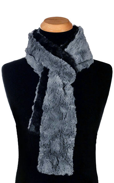 Product shot of Classic men’s Skinny  Scarf on Mannequin | Cuddly Faux Fur in Slate, Blue/ Gray with Black | Handmade in Seattle WA Pandemonium Millinery