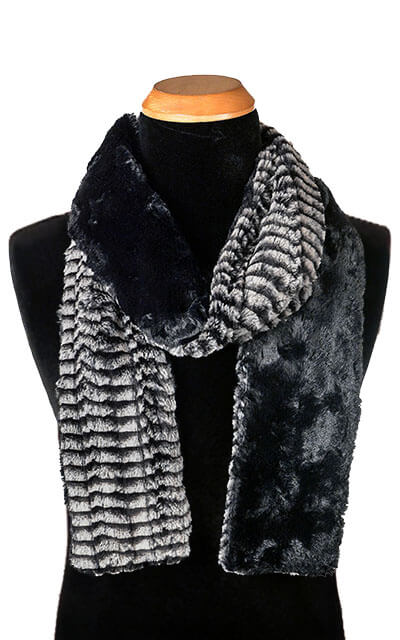 Men's Classic Skinny Scarf in 8mm Luxury Faux Fur in Black & White with Cuddly Black | Handmade in Seattle WA | Pandemonium Millinery