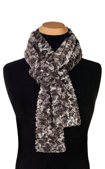 Men’s Product shot on mannequin of Classic  Skinny Scarf | Calico faux fur in brown crems and black | Handmade by Pandemonium Millinery Seattle, WA USA