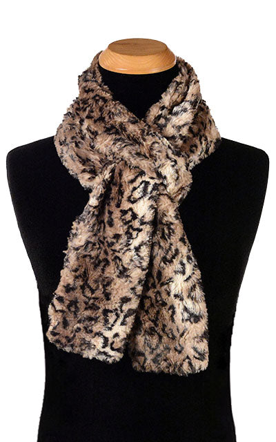Men’s Product shot on mannequin of Classic Skinny Scarf | Carpathian faux fur in brown creams and black | Handmade by Pandemonium Millinery Seattle, WA USA
