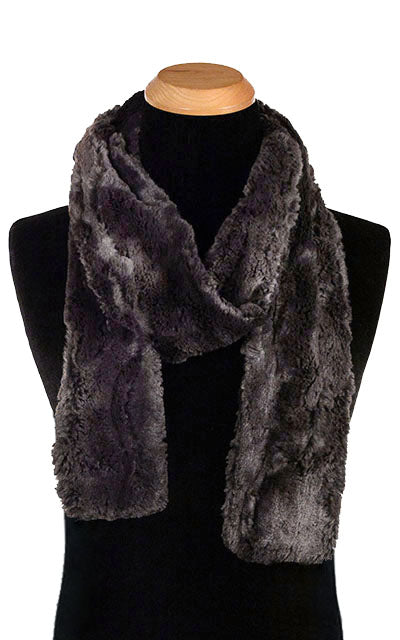 Men’s Product shot on mannequin of Classic Skinny Scarf | Espresso in blacks and browns Faux Fur | Handmade by Pandemonium Millinery Seattle, WA USA