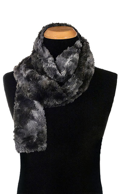 Men’s Product shot on mannequin of Classic Skinny  Scarf | Highland in Skye faux fur tie dye navy grays and blues| Handmade by Pandemonium Millinery Seattle, WA USA