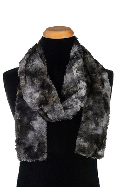 Men’s Product shot on mannequin of Classic Skinny  Scarf | Highland in Skye faux fur tie dye navy grays and blues| Handmade by Pandemonium Millinery Seattle, WA USA